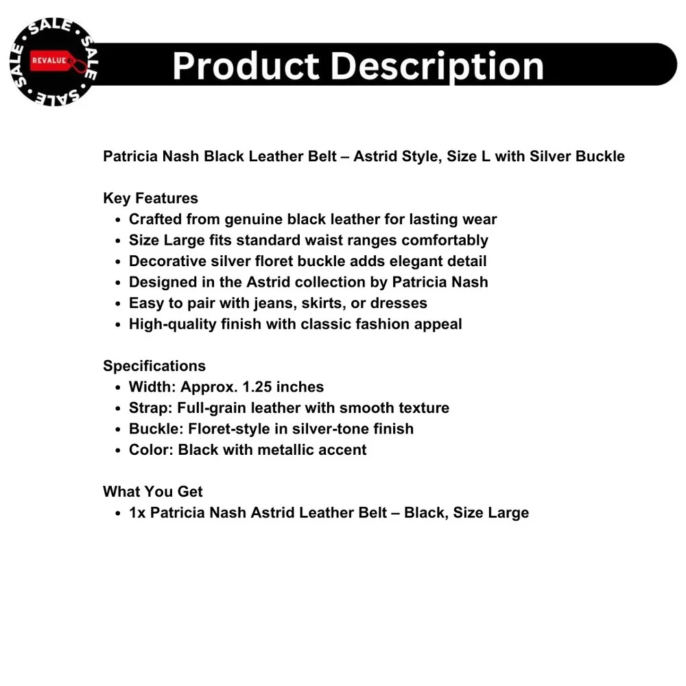 Patricia Nash Black Leather‎ Belt – Astrid Style, Size L with Silver Buckle